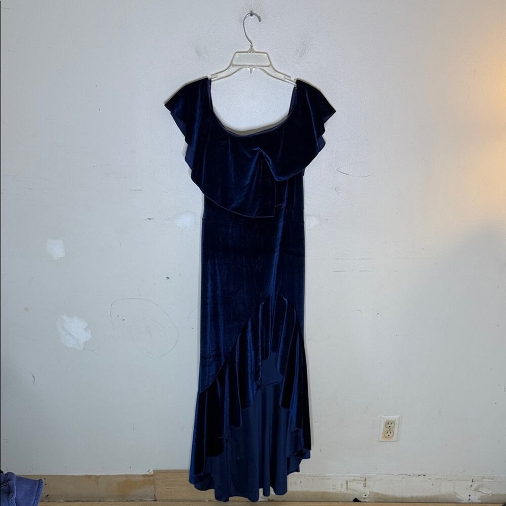 VENUS Asymmetrical Navy Blue Velvet Ruffle Detail Dress Size Large
